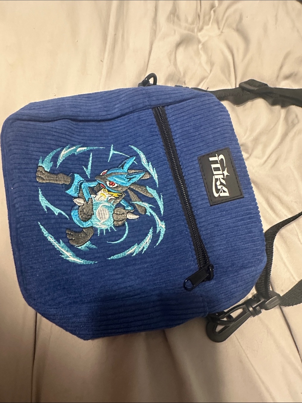 Blue Corduroy Belt Bag with Embroidered Character Graphic